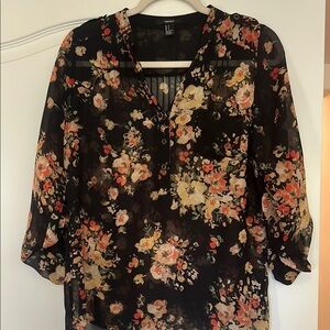 Forever 21 Orange Sheer Floral 3/4 Sleeve Blouse